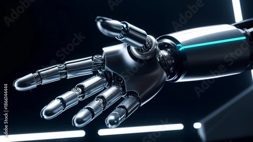 robotic hand with glowing joints reaching forward on dark background for technology video