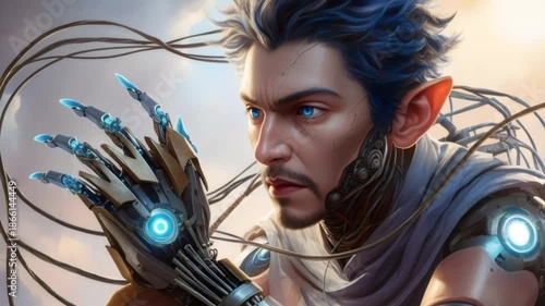 cyber character with mechanical arm and intense gaze in close up sci fi video