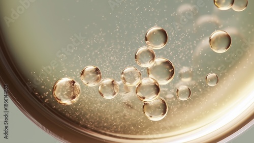 Macro shot of a luminous skincare emulsion with golden bubbles, highlighting hydration, purity, and modern dermocosmetic innovation for commercial use