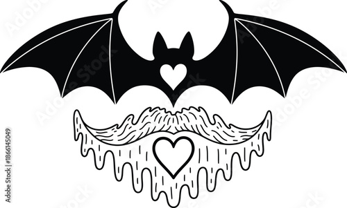Bat wing heart mustache tattoo design