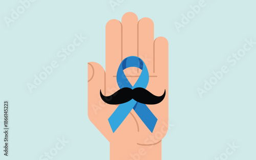 A hand holding a blue ribbon symbolizing men's health awareness with a black mustache in a minimalist illustration