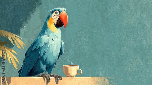 Colorful Parrot with Coffee Cup Against Light Blue Background