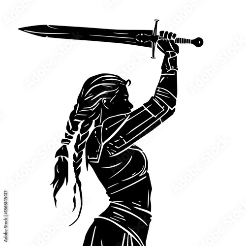 Woman warrior holding sword aloft in victory vector illustration