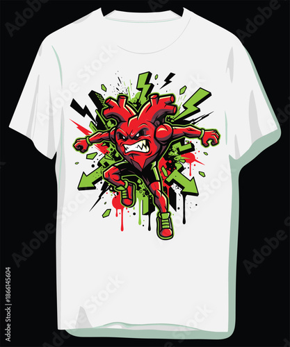 Vibrant heart character on dynamic white t-shirt design