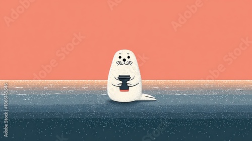 Cute Cartoon Seal Holding Coffee Cup with Pastel Background