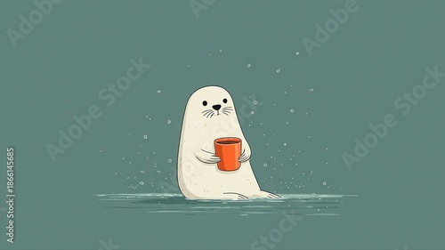 Cute cartoon seal holding an orange cup in calm water environment