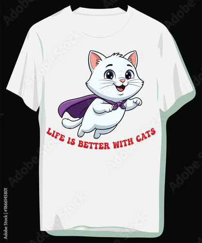 Adorable superhero cat on white t-shirt with purple cape