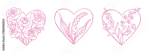 Minimal floral heart line art illustration with delicate roses and botanical elements. Elegant hand drawn outline design for Valentine’s Day, wedding stationery, romantic cards and decorative projects