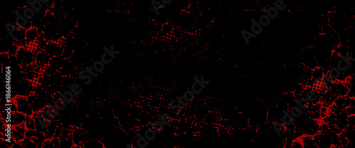 Dark abstract grunge background featuring intense red halftone dots and distressed textures fading into a deep black center.