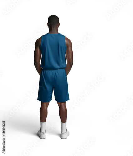 Mockup of blue jerseys, shorts, on dark-skinned men, training suit on a basketball player, png, back view, AI generation © olegphotor