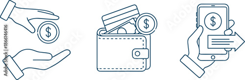Digital payment and money transaction icon set vector illustration featuring cash handling, wallet with cards, and mobile payment symbols for finance and fintech design concepts