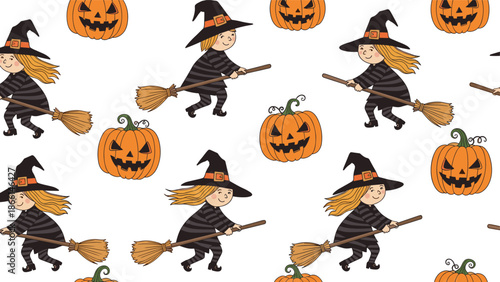 Seamless Halloween pattern features cute little witches flying on brooms among spooky orange jack-o-lantern pumpkins on a white background.