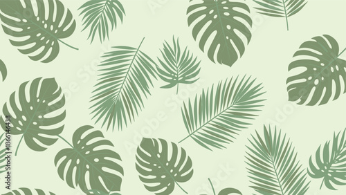 Lush tropical foliage creates a seamless pattern of green monstera and palm leaves ideal for summer wallpapers and botanical textile designs.