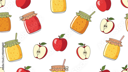 Whimsical autumn pattern displays whole red apples alongside jars of sweet honey or jam with decorative cloth lids on a clean white background.