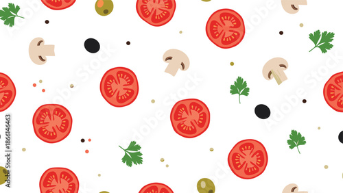 Fresh pizza ingredients including sliced tomatoes, mushrooms, olives, and parsley leaves form a tasty seamless pattern for culinary backgrounds.