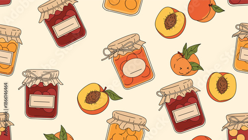Delicious peach jam jars and sliced ripe peaches create a warm and inviting seamless pattern perfect for kitchen decor or food packaging labels.