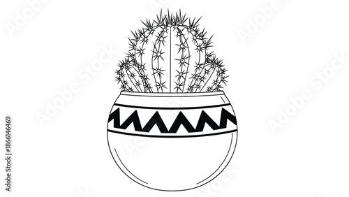 Decorative black and white line drawing of a prickly round cactus in a geometric pattern pot is ideal for home decor and creative coloring projects.