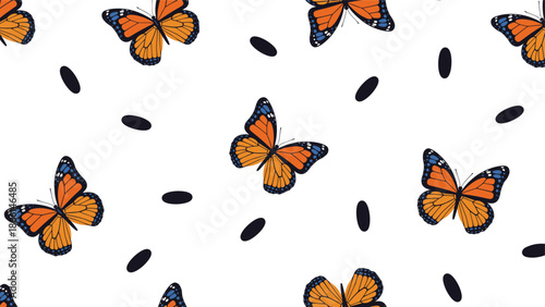 Beautiful monarch butterflies with orange and black wings fly across a white background in a graceful seamless pattern for nature lovers.