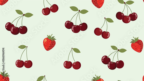 Fresh fruit pattern showcases bright red strawberries and clusters of dark cherries with green leaves on a soft pastel mint green background.