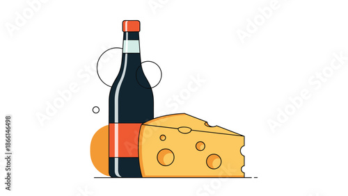 Classic wine and cheese pairing illustration features a dark glass bottle with an orange label next to a large wedge of holey Swiss cheese.