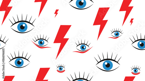 Bold pop art pattern features blue eyes with long lashes and bright red lightning bolts scattered across a clean white background for a retro vibe.