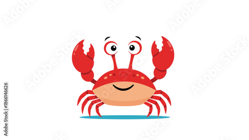 Cute cartoon red crab with large expressive eyes and a happy smile sits on a simple blue surface in a playful vector illustration for kids.