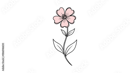 Delicate pink flower illustration features a simple five-petal blossom on a green stem with two leaves in a clean and minimalist graphic style.