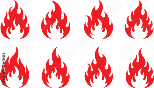 Eight red flame stickers or decals on white background
