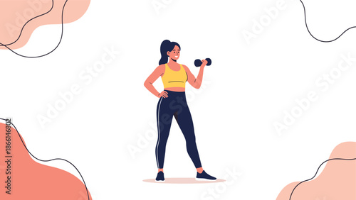 Fitness illustration of a woman in athletic wear performing a bicep curl with a dumbbell against a modern abstract background.