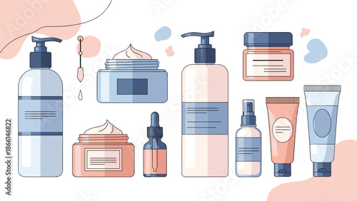 Comprehensive collection of skincare and cosmetic products including pump bottles, jars, and tubes in soft pastel colors.