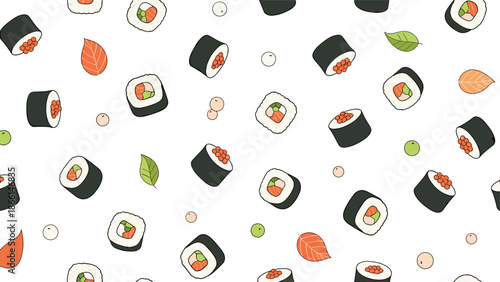 Delicious seamless pattern featuring various sushi rolls, small green leaves, and tiny pink dots on a white background.