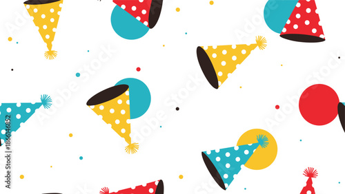 Festive seamless pattern featuring colorful polka dot party hats and abstract circles scattered on a white background.