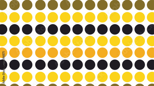Simple geometric seamless pattern featuring rows of solid circles in olive green, yellow, black, and orange.