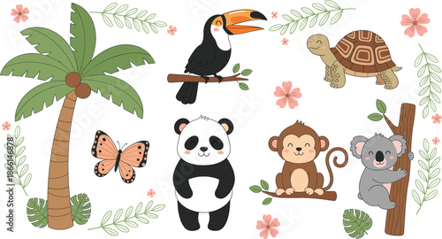 Cute jungle animal cartoon vector set with panda monkey koala toucan turtle palm tree elements