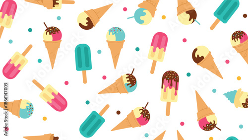 Vibrant seamless pattern with a variety of ice cream cones and popsicles surrounded by colorful dots on a plain white background.