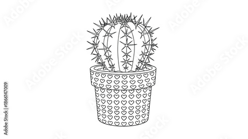 Black and white line art illustration of a spiky round cactus sitting in a decorative pot covered with tiny hearts for coloring activities.