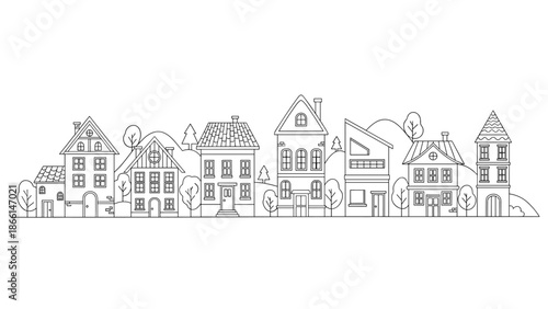 Horizontal line art illustration of a charming city street with various European-style houses, trees, and hills in the background.