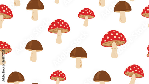 Seamless pattern with red toadstools and brown mushrooms scattered across a white background for nature-themed surface design.