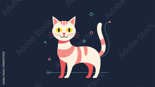 Stylized cream and pink striped cat standing with yellow eyes and a long tail on a dark blue background with geometric shapes.