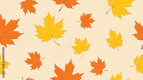 Autumnal seamless pattern featuring orange and yellow maple leaves drifting on a light beige background for fall-themed decorations.