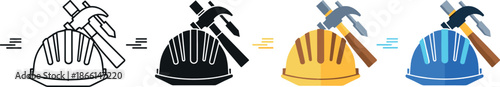 Construction safety helmet and hammer icon set vector illustration featuring industrial hard hat tools in multiple styles for building safety, engineering, and workplace protection design