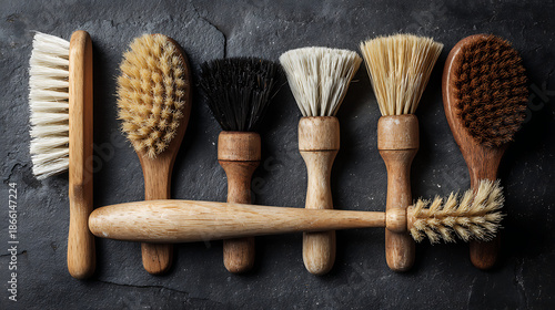Assorted Wooden Natural Bristle Brushes Collection on Dark Slate Background, Eco-Friendly Cleaning Tools and Sustainable Kitchen Accessories Flat Lay