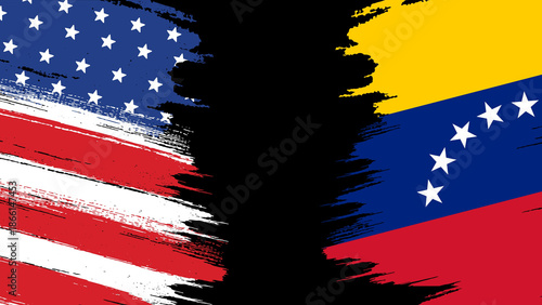  USA and Venezuela flags in art style paint strokes on black background with copyspace, symbolizing diplomacy, politics and international relations.