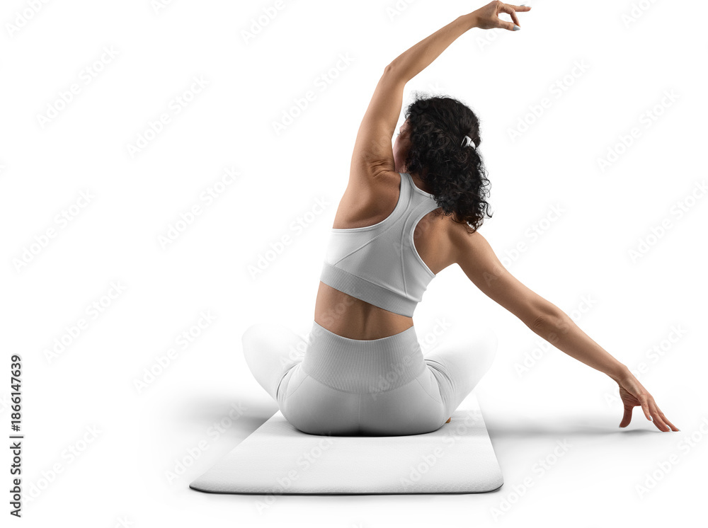 Fototapeta premium Mockup of white floor mat, yoga tracksuit, top, leggings on trainer woman, png, back view