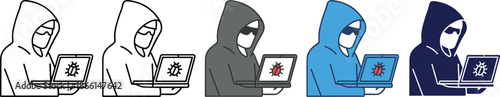 Cyber security hacker icon set vector illustration featuring hooded programmer using laptop with malware warning symbol for hacking, data breach, and online threat concepts