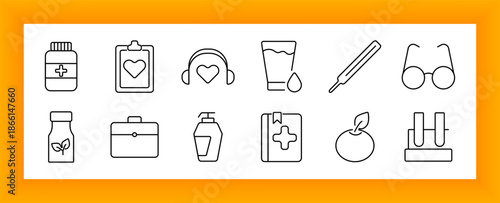 Health and wellness set icon. Includes medical bottle, heart chart, headset, thermometer, lotion, fruit, glasses, leaf bottle, book, briefcase, and desktop hygiene container.