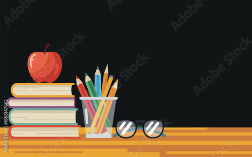 A stack of books, an apple, and pencils on a wooden desk against a black background