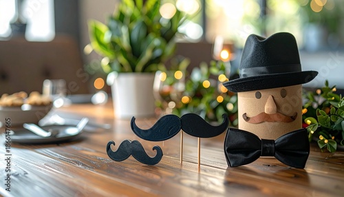 3d cartoon illustration of a fun business character explorer with a black mustache and top hat dining at a restaurant table with a glass of champagne