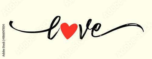 Creative design of the word love in handdrawn brush stroke style, cute lettering and red heart.