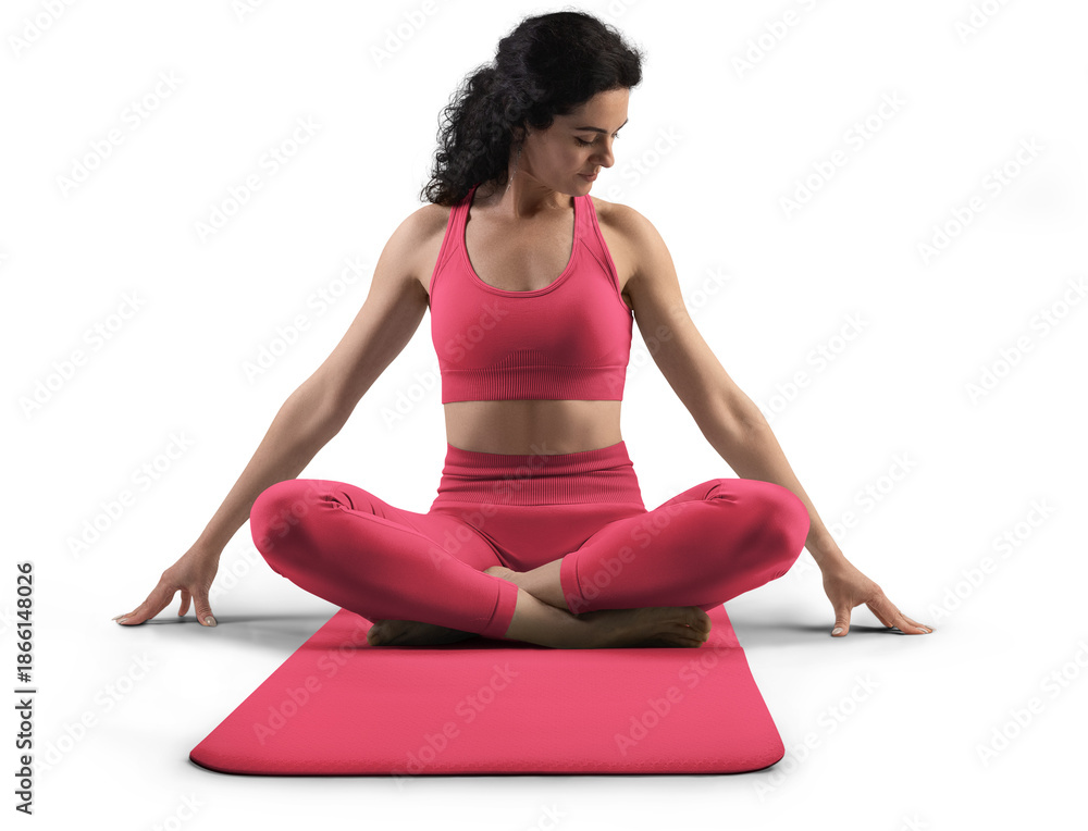 © olegphotor - Mockup of red floor mat, yoga tracksuit, top, leggings on trainer woman, png, front view © olegphotor - Mockup of red floor mat, yoga tracksuit, top, leggings on trainer woman, png, front view